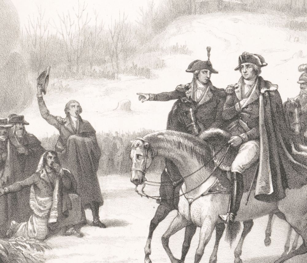 Cropped from the Philip Haas lithograph (circa 1843), "Valley Forge, 1777. Gen. Washington and Lafayette visiting the suffering part of the army."